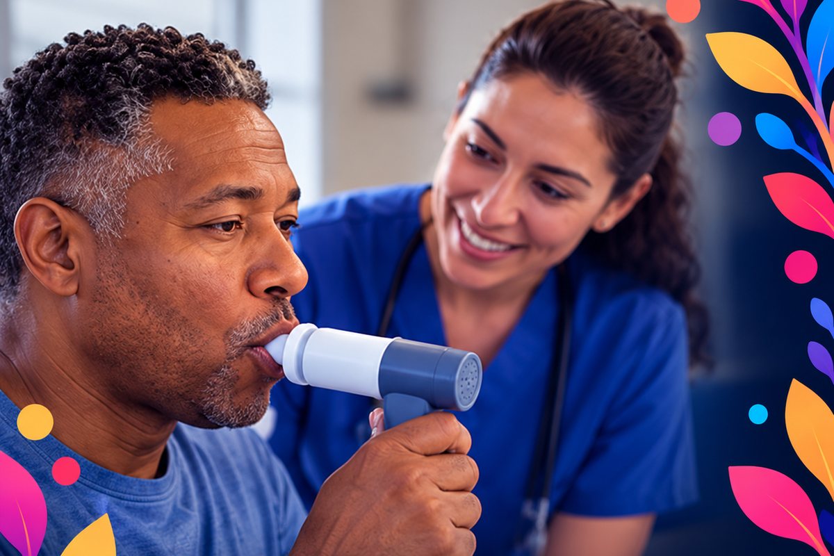 A man breathes out into a handheld spirometer while a smiling clinician coaches him. AI-generated image.