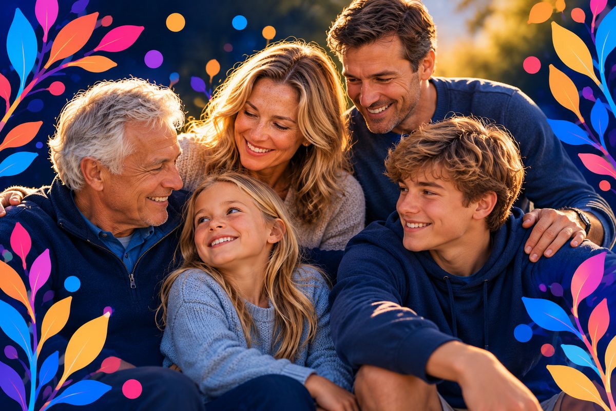 Three generations of a family sitting close together in warm evening light, smiling at one another. AI-generated image.