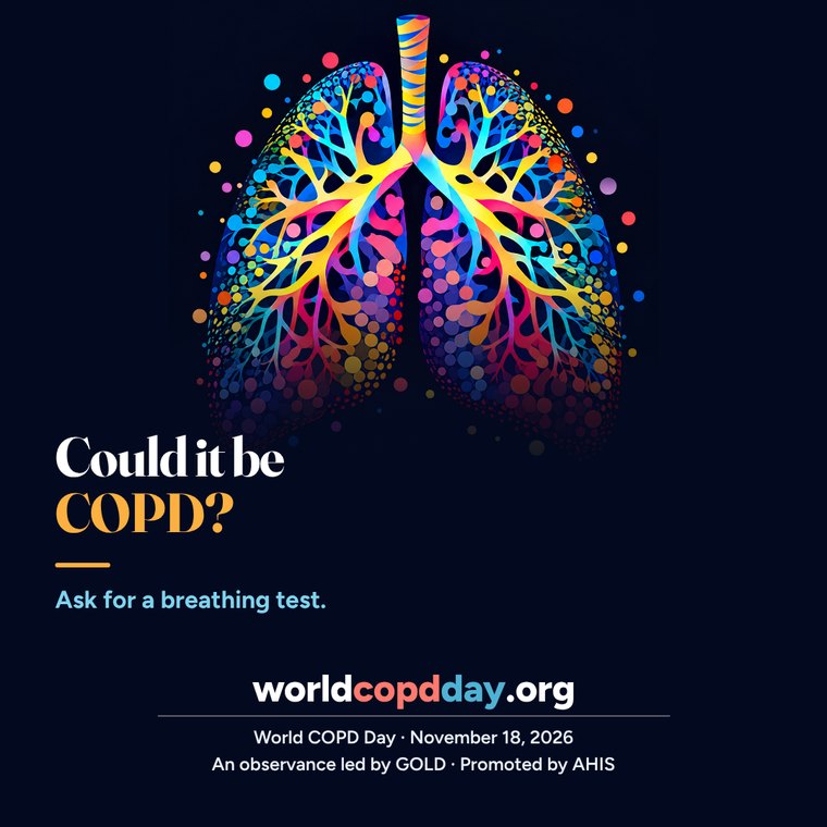 Colorful lungs with branching airways in bloom, beside the words Could it be COPD? Ask for a breathing test. AI-generated image.