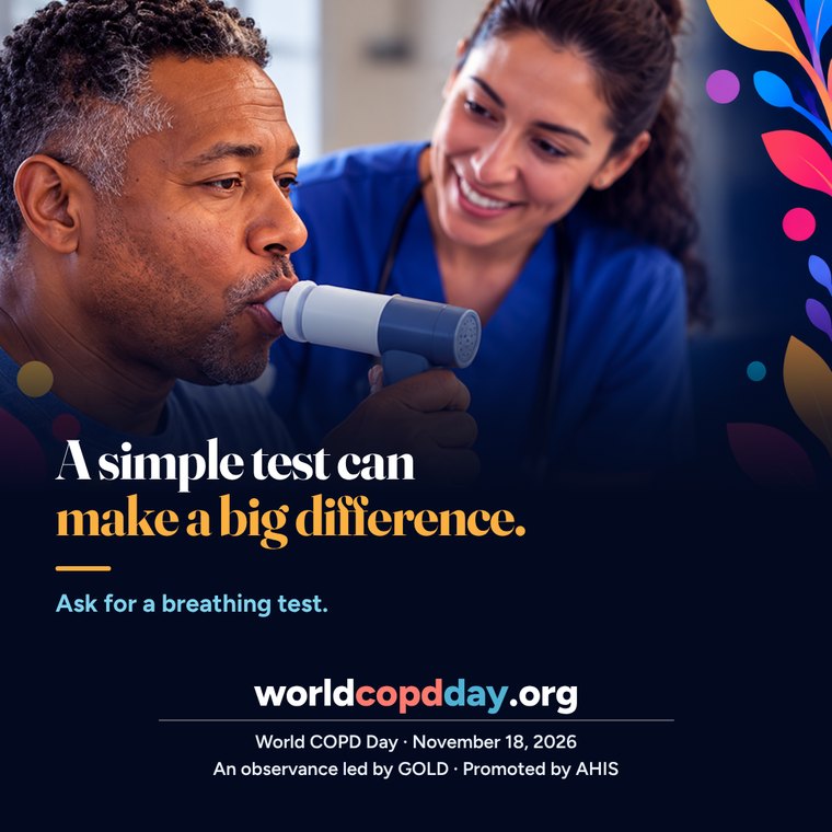 A man breathes into a spirometer while a smiling clinician coaches him. Text: A simple test can make a big difference. AI-generated image.