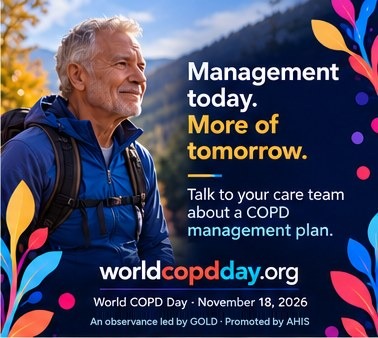 Older man hiking on a mountain trail. Text: Management today. More of tomorrow. AI-generated image.