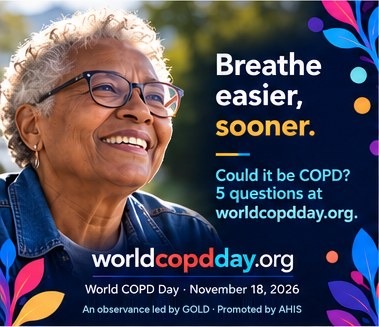 Older woman in glasses laughing outdoors. Text: Breathe easier, sooner. AI-generated image.