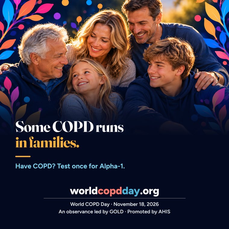 Three generations of a family hugging. Text: Some COPD runs in families. Have COPD? Test once for Alpha-1. AI-generated image.