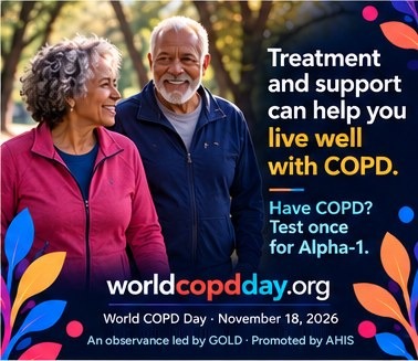 An older couple walking together outdoors, smiling. Text: Treatment and support can help you live well with COPD. AI-generated image.