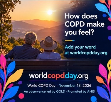 A couple on a bench watching a sunset over mountains. Text: How does COPD make you feel? AI-generated image.